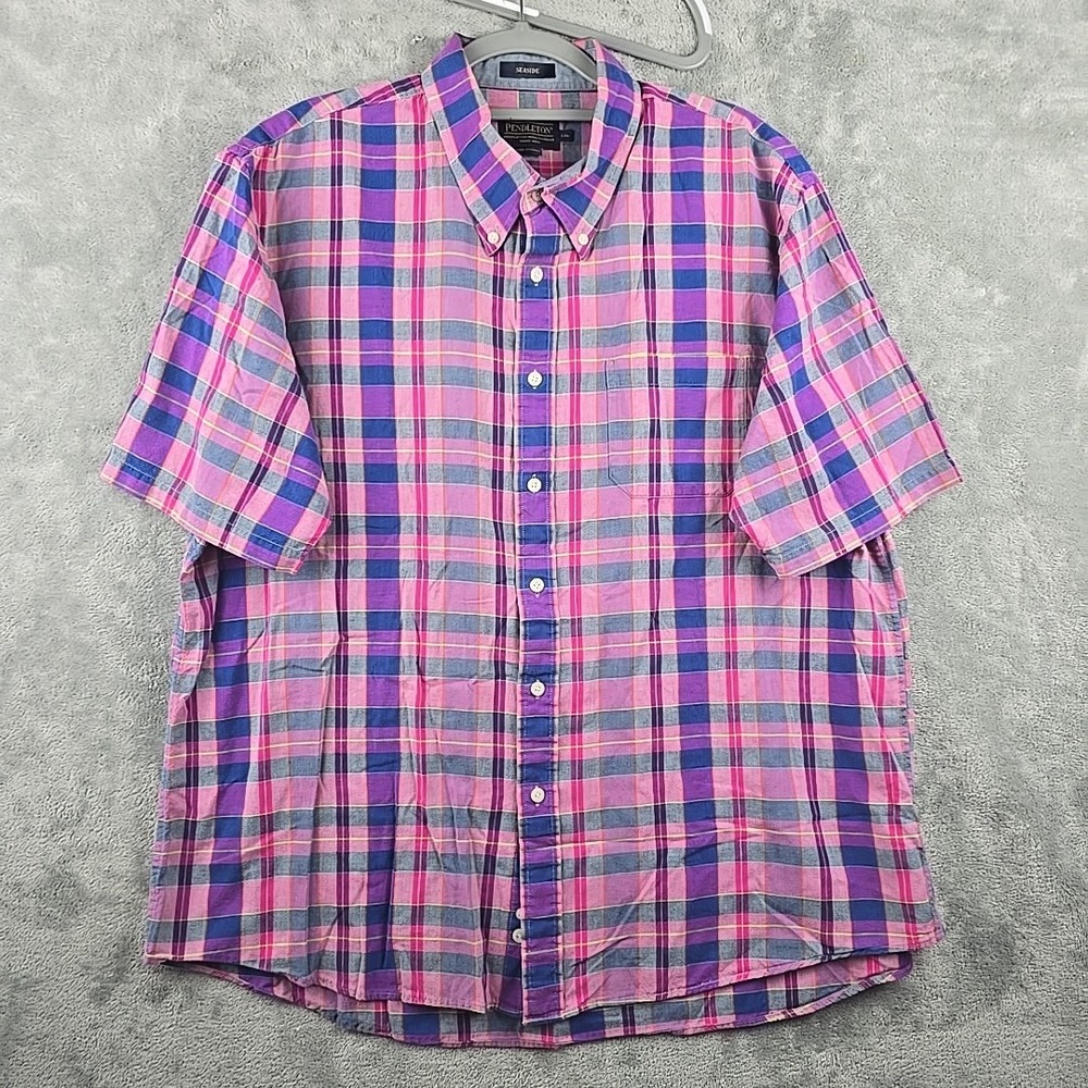 Pendleton Seaside Plaid Button Down Shirt Mens XXL Pink Short Sleeve Pocket